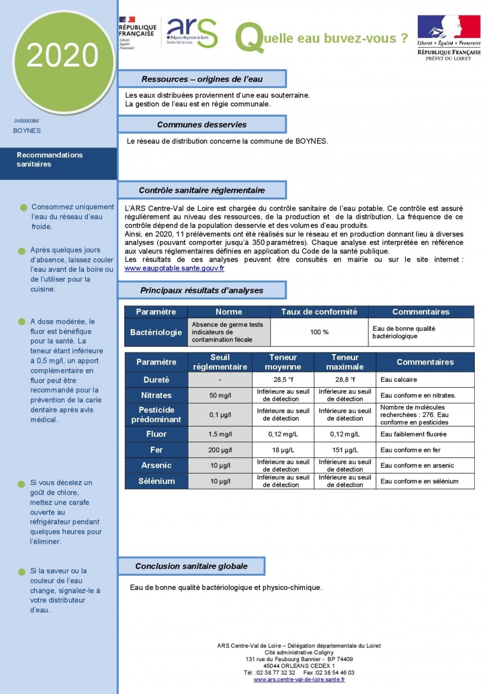 Fiche annuelle d'information sur la qualité de l'eau - Commune de Boynes