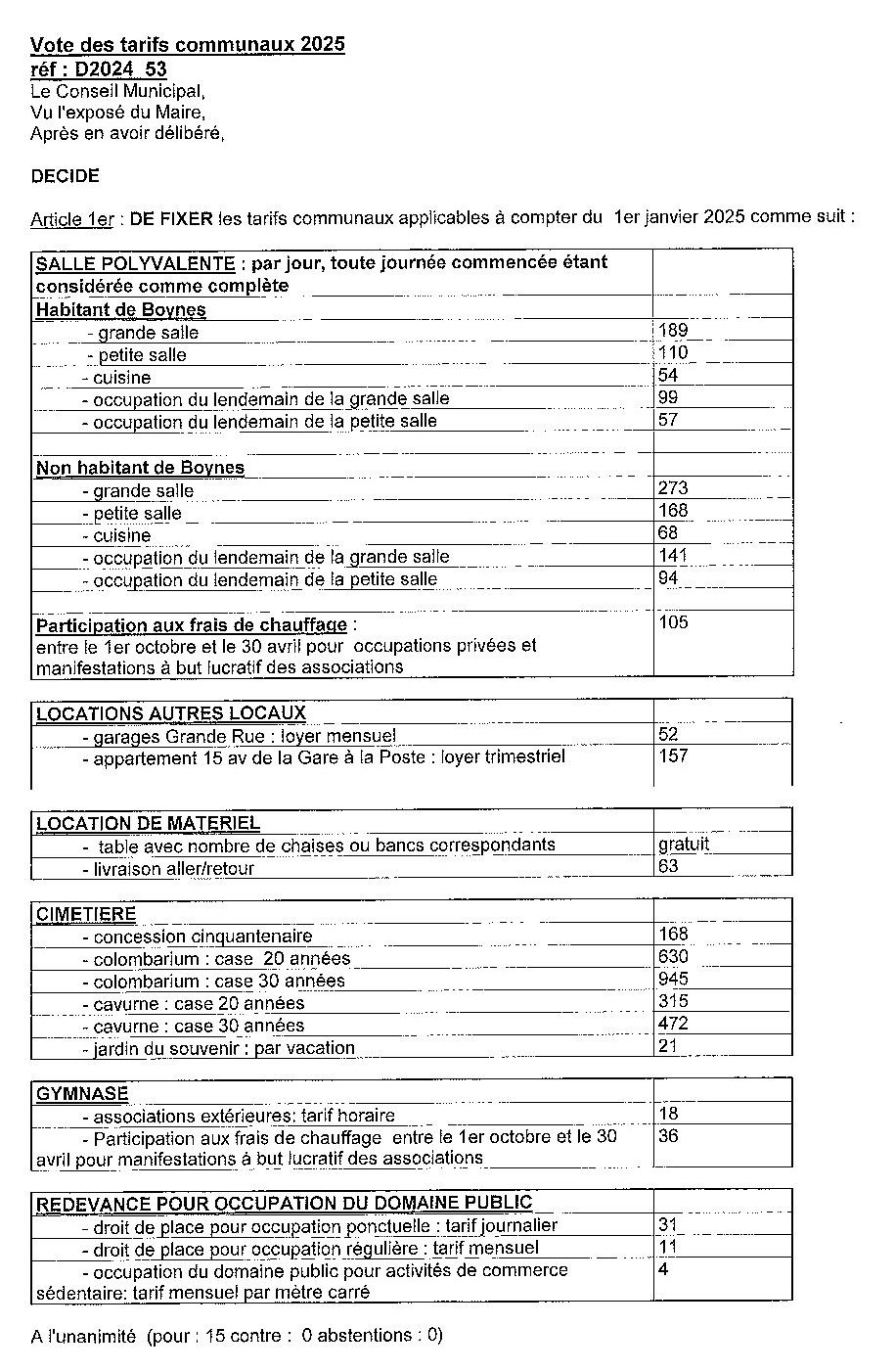 PRIX DES LOCATIONS 2025 - Commune de Boynes