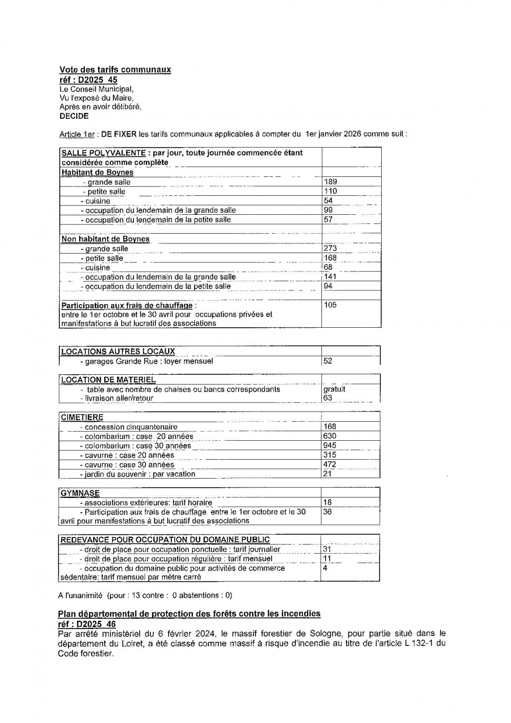 PRIX DES LOCATIONS 2026 - Commune de Boynes