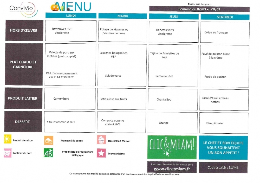 Menu du 2 au 6 mars - Commune de Boynes