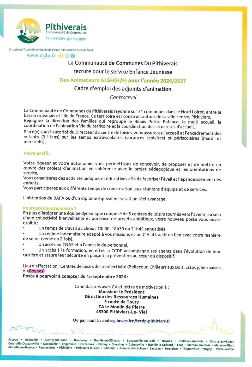 OFFRE D'EMPLOI | Animateur(trice) ALSH - Commune de Boynes